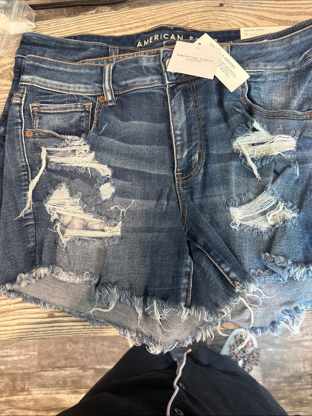 American Eagle Outfitters Ripped Fringe Hem Denim Shorts - Blue